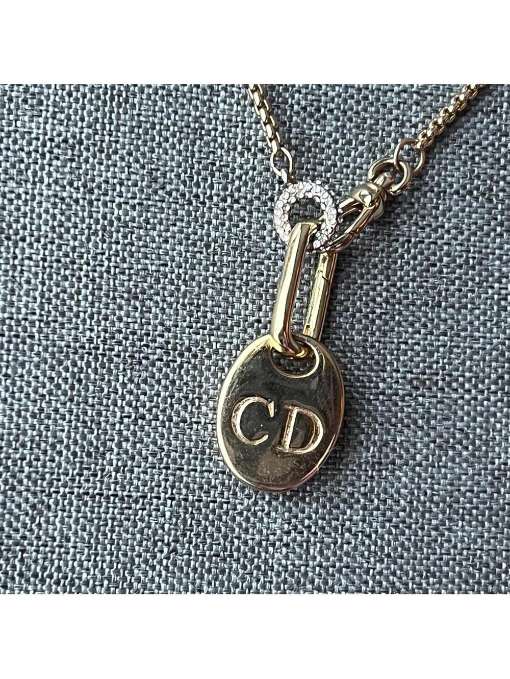 Christian Dior CD Charm Necklace Box Chain 18K Gold Carabiner Diamond Pave NEW
